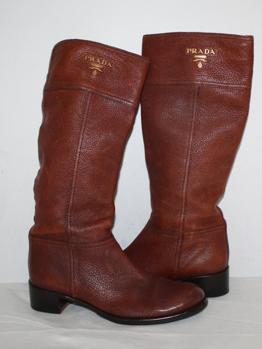 PRADA Brown Leather Pull On Riding Boots Logo Cuffs 39.5